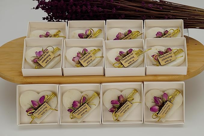 Heart Shaped Soaps 12-Pack, Handmade Scented Mini Soaps for Bridal Shower Party Favors, Wedding, Baby Shower, Thanks You for Celebrating with Us Wooden Tag, White Box