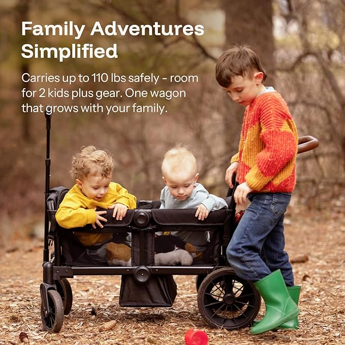 HARPPA All-Terrain Wagon Stroller for 2 Kids, Foldable Outdoor & Beach Stroller Wagon with Removable Canopy, Adjustable Push & Pull Handle, Footwell & Large Storage, Black