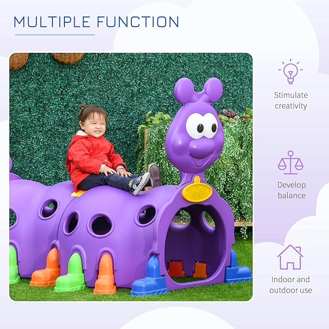 Qaba Caterpillar Tunnel, Toddler Tunnel for Kids Crawl and Climb Through, Kids' Play Structure Indoor Outdoor, 2 Sections, Purple