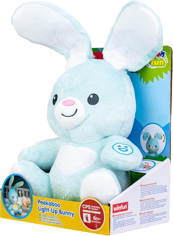 winfun Peekaboo Light Up Bunny – Interactive Plush Toy for Babies, Plays Peekaboo with Sounds & Melodies, Soft Tactile Fabric, Satin Ribbon Tags, Ages 6 Months & Up