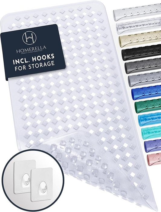 homerella® Bath Mat for Tub Non Slip Mold Resistant 35x16 - Shower Mat Non Slip Anti Mold - Bath Tub Mat Suction Cups incl. Hooks for Drying - Bathtub Mat Non Slip - ANI Slip Shower Mat Inside Tub