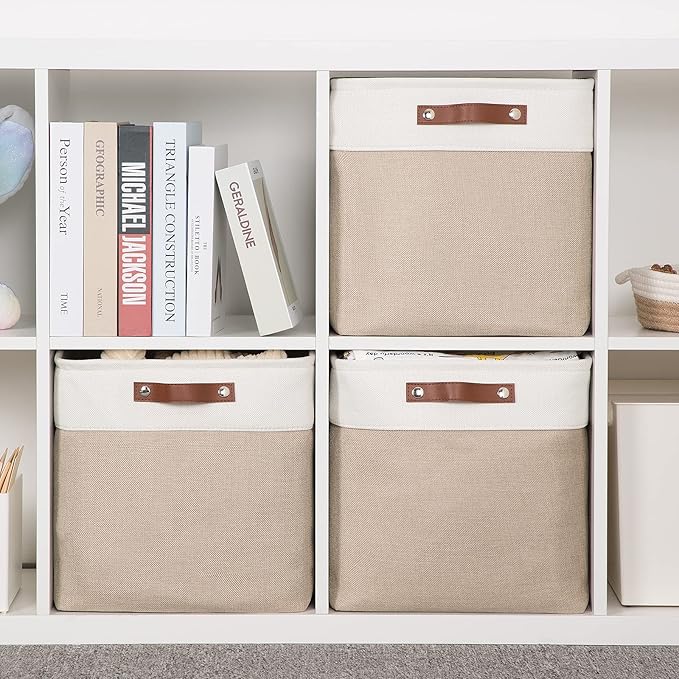 HNZIGE Cube Storage Baskets for Shelves Foldable Storage Baskets(3 Pack) Cube Storage Bin,13 Inch Storage Basket for Organizing with Leather Handles for Toys, Clothes, Kids, Closet (White&Beige)