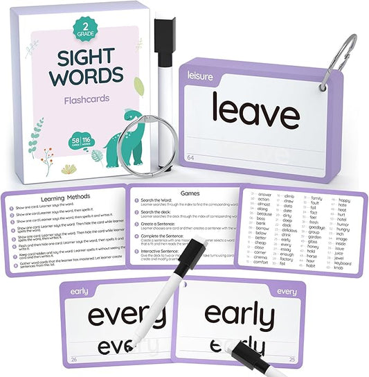 WJPC 58 Cards, 116PCS High Frequency Sight Words Flash Cards (Second-Grade), 1st, 2nd, 3rd Grade, 6,7,8,9 Years Ages Kids Boys Girls Homeschool Phonics Learning Cards to Read, Write.