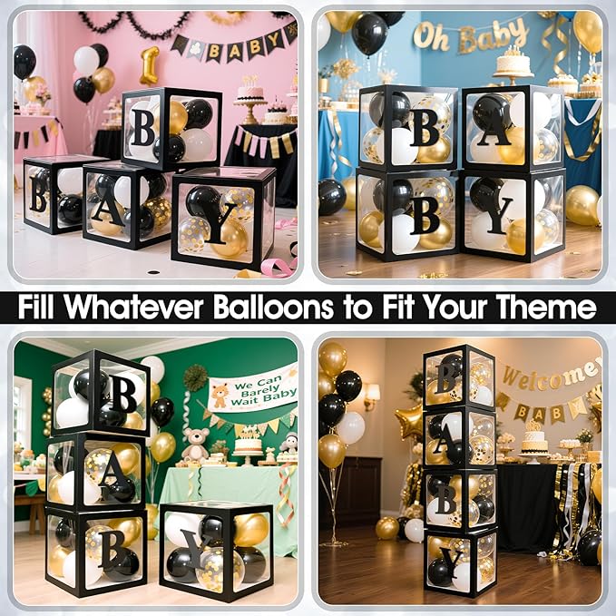 Ledido Baby Boxes with Letters for Baby Shower Decorations with 38 Balloons, 4 pcs Clear Baby Balloon Boxes Blocks for Baby Shower Decor Boy Girl Gender Reveal Decorations Backdrop Party (Black)