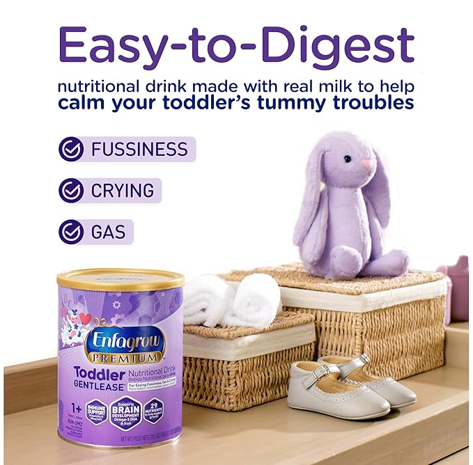 Enfagrow PREMIUM Gentlease Toddler Nutritional Drink, Made with Real Milk, Designed to Ease Fussiness, Gas & Crying, Brain-Building Omega-3, Nutrients for Growth & Immune Support, Powder Can, 29.1 Oz