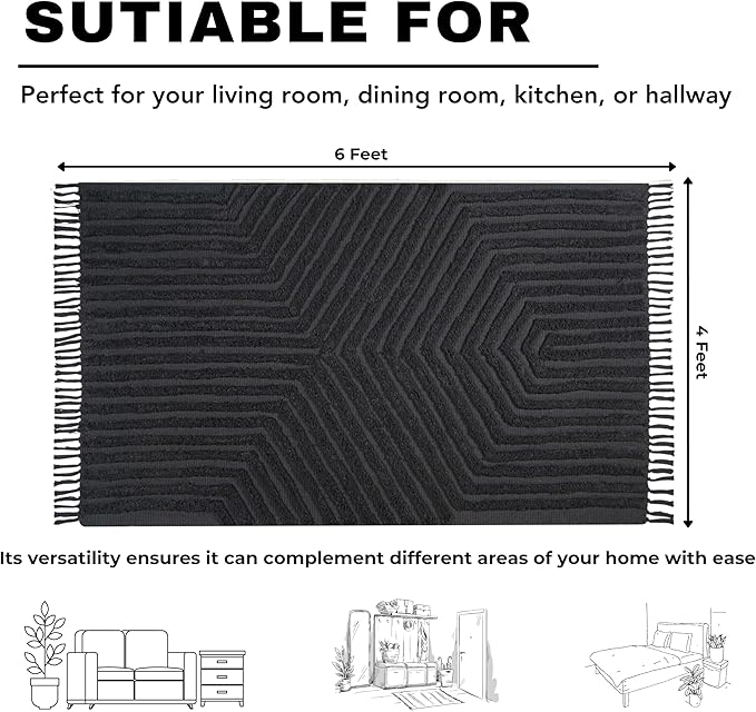 Boho Bathroom Rug 4' x 6', Washable Hand-Woven Tufted Cotton with Tassels, Farmhouse Kitchen Mat for Foyer, Bedroom, Back Door Décor - Dark Grey