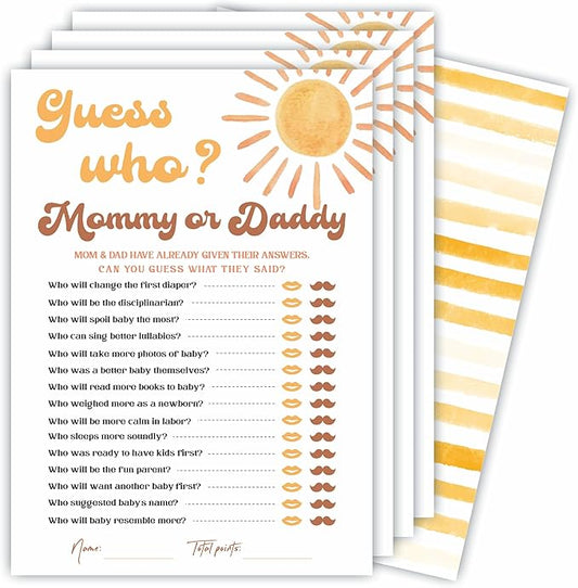 Guess Who? Mommy Or Daddy Baby Shower Game Set - Watercolor Sunshine - 30 Double-Sided Fill In Style Game Cards For Gender Reveal, Baby Announcement, Party Favor & Supplies - B03