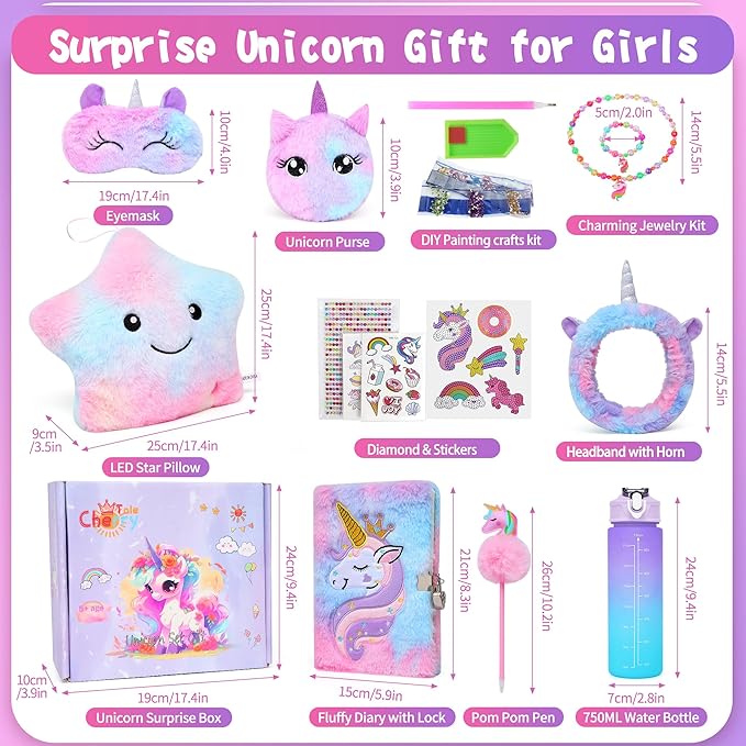 Cherry Tale Unicorn Toys Gifts for Girls 4-6 7 8 9 10 Years Old, Girls Birthday Gifts Set with Light Up Star Pillow Diary Plush DIY Water Bottle Kits, for Daughter Niece Christmas