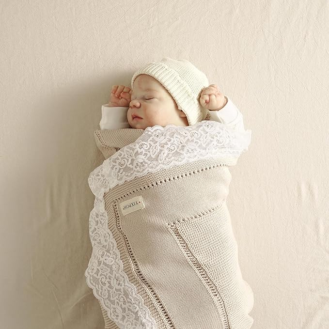 100% Organic Cotton Baby Blanket Knitted Softer Receiving Swaddle Warm Cozy Cuddle Crib Blanket for Newborns Infants Toddlers Boy and Girls Camel