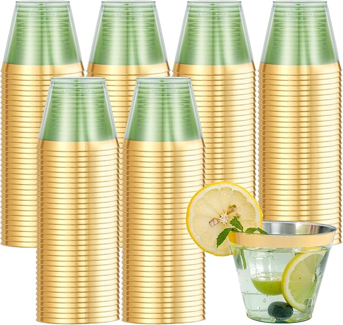 supernal 100 Pack Green Plastic Cups, 9 Oz Clear Green Disposable Cups with Gold Rimmed - Plastic Wine/Cocktail Glasses, Disposable Bridal/Shower Baby Shower Cup Perfect for Party & Wedding