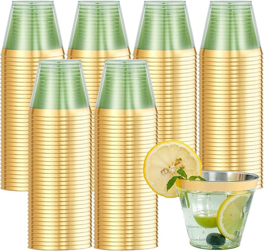 supernal 100 Pack Green Plastic Cups, 9 Oz Clear Green Disposable Cups with Gold Rimmed - Plastic Wine/Cocktail Glasses, Disposable Bridal/Shower Baby Shower Cup Perfect for Party & Wedding