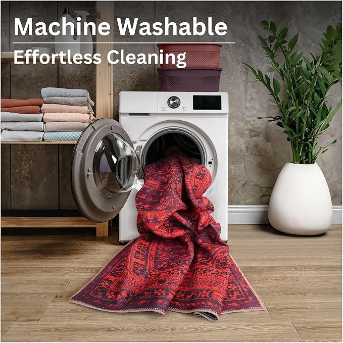 Bloom Rugs Washable Non-Slip 7 ft Runner - Red Traditional Bordered Runner for Entryway, Hallway, Bathroom, and Kitchen - Exact Size: 2.5' x 7'