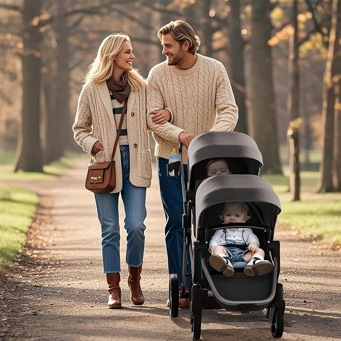 Double Stroller for Twins and Toddlers, Lightweight Aluminum Foldable Twin Stroller with Adjustable Backrest, Reversible Seat, 5-Point Harness, Storage Basket, Grey