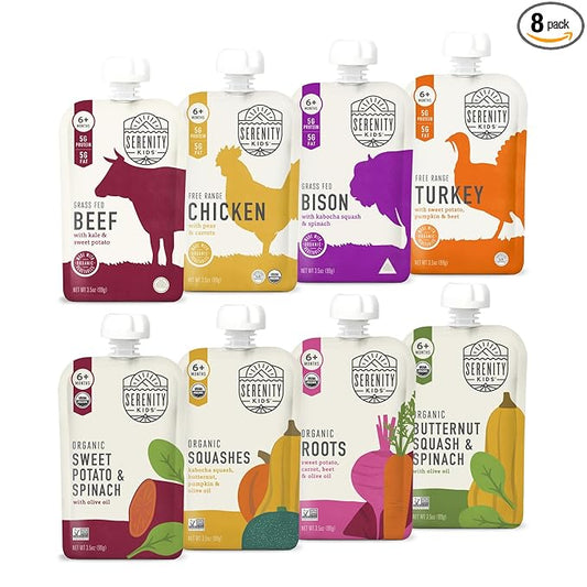 Serenity Kids 6+ Months Meats + Veggies Mixed Baby Food Puree Pouch Variety Pack - No Sugary Fruits or Added Sugar - 3.5 Oz BPA & Allergen Free Pouch- Baby Puree Variety Pack (3.5 Ounce (Pack of 8))