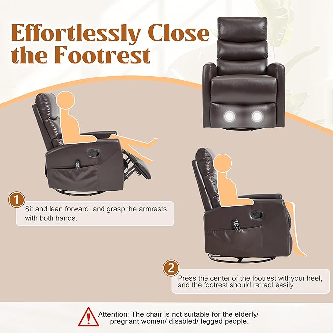 Manual Swivel Rocker Recliner Chair with Massage, Overstuffed Recliner Glider with Vibration Massage and Heat for Nursery, Living Room Reclining Sofa Chair, PU Leather Dark Brown