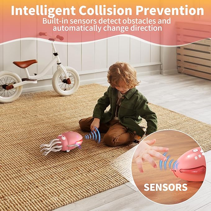 Interactive Dancing Octopus Toy, LED Light-Up Music Crawling Squid with Smart Obstacle Avoidance & Fishing Rod,Tummy Time Baby Toy, Musical Toy for 3 4 5 6 Year Old Boys and Girls(Red)