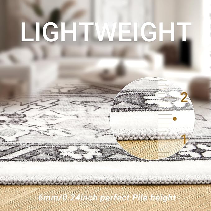 zesthome 8x10 Area Rugs for Living Room,Non-Slip Backing Washable Rugs,Vintage Large Area Rug，Stain Resistant Home Decor Rug (Grey/White,8'x10')