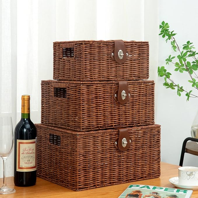 Set of 3 Woven Wicker Storage Basket Box with Lid & Lock, Built-in Carry Handles, Multifunctional Storage Organiser for Nursery, Baby, Clothes, Toys, Books, Large/Medium/Small Size (Natural)