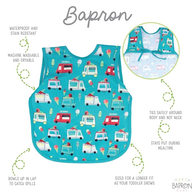 BapronBaby Ice Cream Truck Bapron - No Neck Tie Safer Bib for Baby & Toddler - Soft Waterproof Stain Resistant - Machine Washable - Sz Baby/Toddler 6m-3T