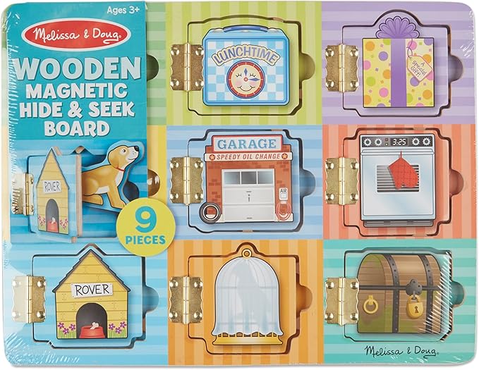 Melissa & Doug Wooden Hide & Seek Activity Board – Montessori Busy Board with Hinges, Doors & 9 Wooden Magnetic Puzzles, Educational Preschool Learning Toy for Toddlers & Kids Ages 3+