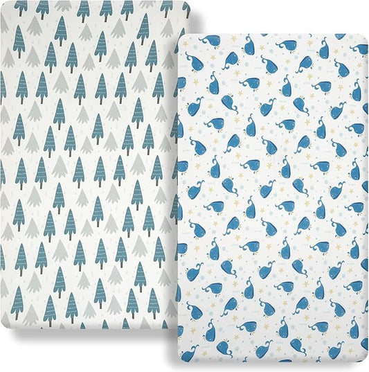 Pack n Play Flat Sheet 2 Piece Mini Crib Sheet Elastic Playard Sheet Set Portable Sheet Set Elastic Convertible Playmat Compatible Graco Pack n Play (Owl and Tree Bag) (Bubble Whale and Forest)