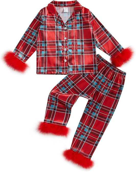 Toddler Kids Baby Girl Solid Pjs Ruffle Long Sleeve Button Shirt Top and Pants Cotton 2Piece Pajamas Set
