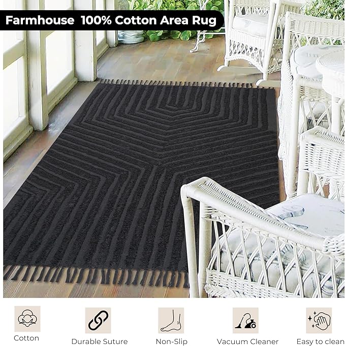 Boho Bathroom Rug 4' x 6', Washable Hand-Woven Tufted Cotton with Tassels, Farmhouse Kitchen Mat for Foyer, Bedroom, Back Door Décor - Dark Grey