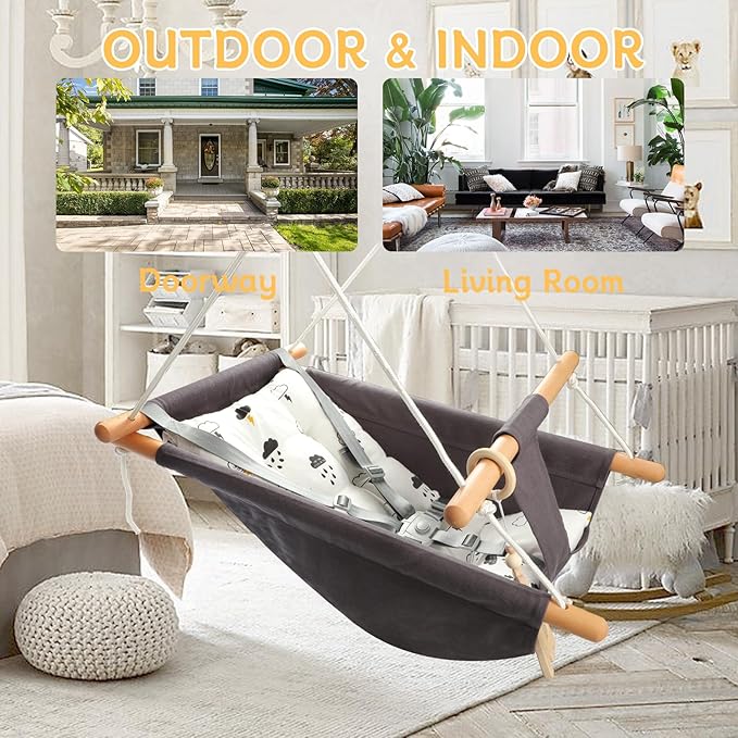 Baby Swing Outdoor Indoor for Infants to Toddlers, Portable Adjustable Baby Porch Swing with 5-Point Safety Belt, Kids Tree Hanging Chair Toys for Door Garden Backyard