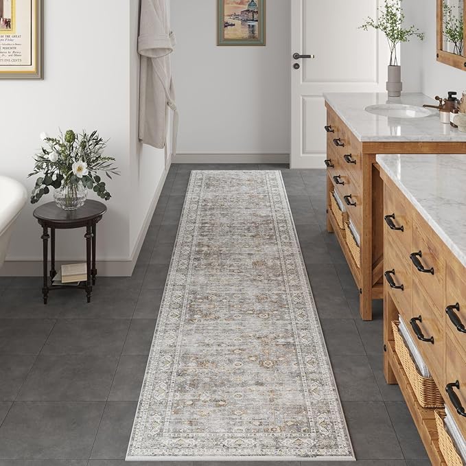 Runners for Hallways Kitchen Runner Rug Non Slip 2'x10' Long Washable Rugs with Rubber Backing Soft Vintage Carpet Runner for Hallways, Kitchen, Laundry, Bedroom, Bathroom (Grey and Brown)