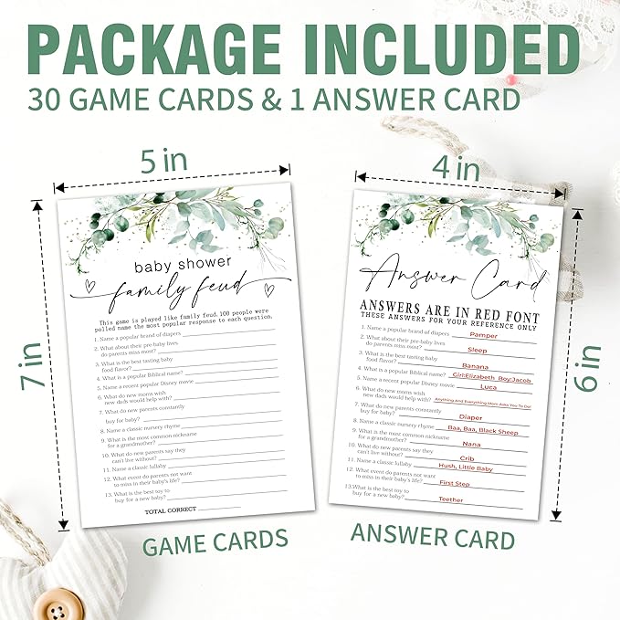 Greenery Baby Shower Game Cards - Set of 30 Family Feud - Double Sided Print Baby Announcement Gender Reveal Game Card for Parents to Be - Baby Shower Party Activities Supplies - A06
