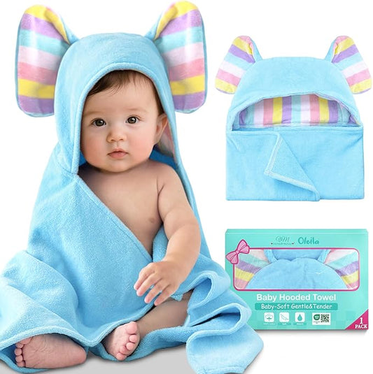 VOOVA & MOVAS Baby Hooded Bath Towel - 100% Cotton, 33x23.5 Inches,0-3Years, Super Absorbent Large Towel with Cute Elephant Ears Hood for Newborn, Baby, Toddler,Baby Blue