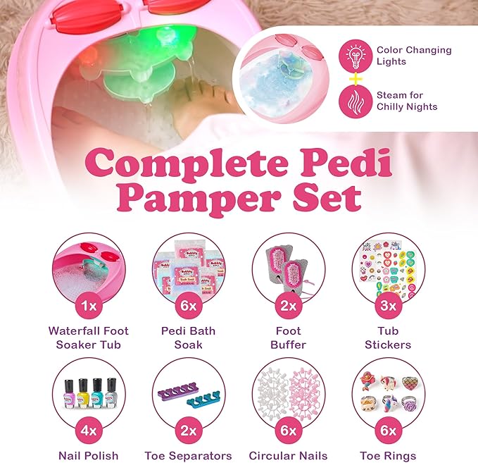 Kids Spa Day Kit for Girls, 42+ Piece Spa Set with Waterfall Foot Spa, Nail Spa Kit, Pedicure and Manicure Accessories, Perfect Spa Kit for Girls Ages 6 7 8 9 10 11 12, Fun Birthday or Christmas Gift