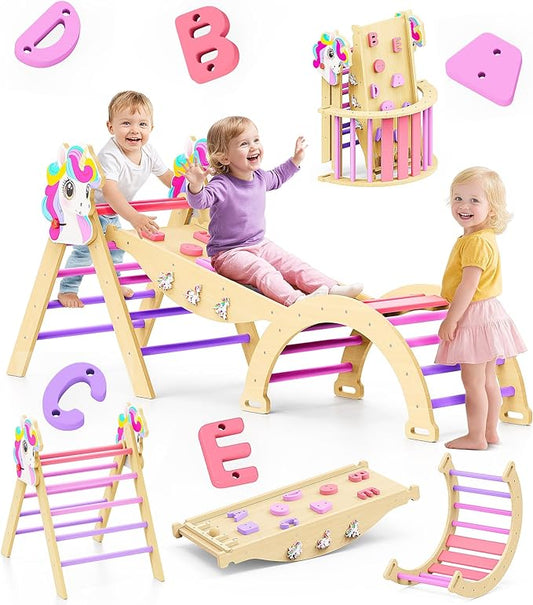 Pikler Triangle Climbing Set - 11-in-1 Foldable Montessori Climbing Toy for Toddler 18M-7Y, Wooden Indoor Jungle Gym with Arch&Ramp&Ladder, Kids Climbing Toys Playset for Playroom & Backyard