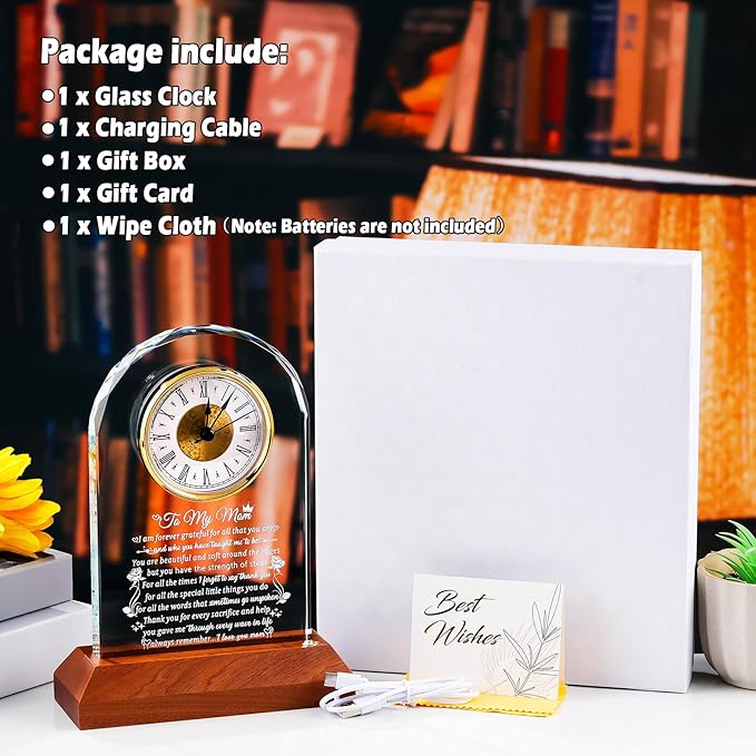 Glass Clock Gifts for Mom from Daughter Son with Wooden Light Base, Personalized Gift for Mom Who Has Everything on Birthday Mother's Day, Present for Mother on Christmas Home Desk Clock