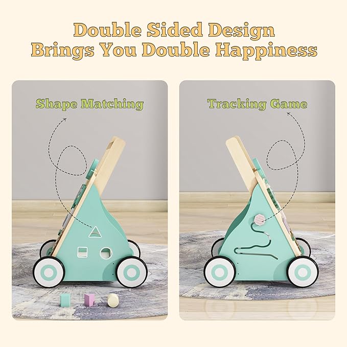 Wooden Baby Walker, Wood Push Walker Adjustable Height and Speed Multiple Learning Activity Walker Baby Walker with Wheels for Girls 6-12 Months, Green