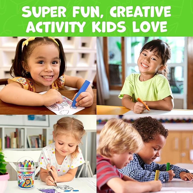 Jumbo Crayons For Toddlers 1-3 - 16pc Toddler Crayons For Kids Ages 4-8 1-3 2-4 - With Printed & PDF Crayon Color Sheets - Non Toxic, Washable, Large & Easy To Grip - Toddler Coloring Art Supplies