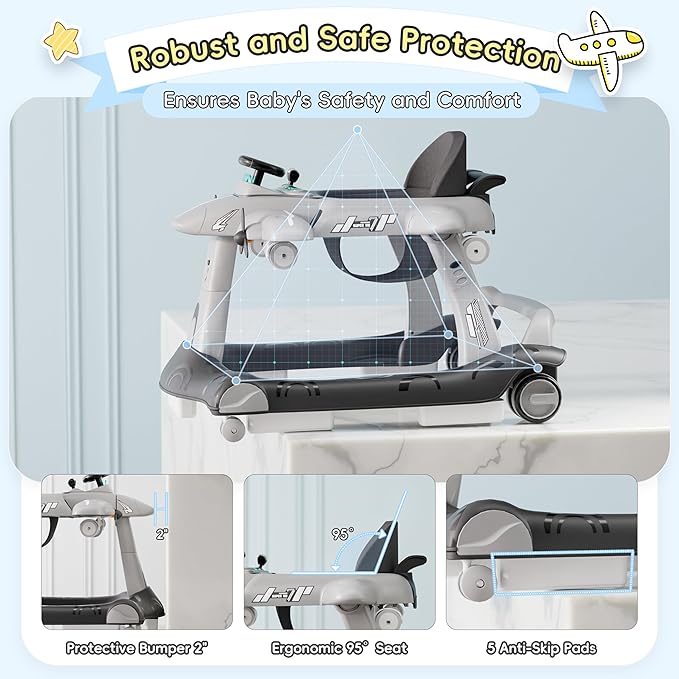 Xilingol 6-in-1 Baby Walker with Wheels, Adjustable Height & Speed Activity Walker with Padded Seat, Foldable Walker for Babies, Toddler Push Walkers for Boy & Girl 6-18 Months, Music & Light