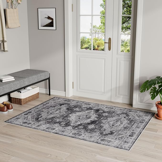 Dripex Vintage Washable Rug 3x5 Area Rug for Living Room Soft Bedside Rug Low-Pile Non-Skid Kitchen Rug Entryway Mat Farmhouse Office Carpet Home Decor