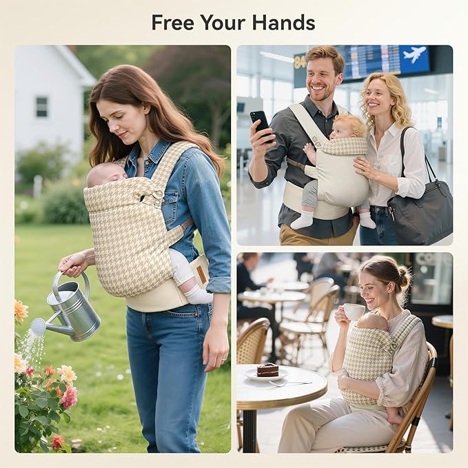 Reversible Baby Carrier, Khaki Solid & Houndstooth; Lightweight, Cooling & Breathable Lyocell Fabric; Ergonomic Lumbar Support and Quick Hands-Free Wear for Newborn to Toddler (7–44 lbs)