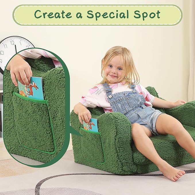 Kids Chairs for Toddler, 2-in-1 Toddler Soft Sherpa Couch Fold Out, Convertible Sofa to Lounger for Girls and Boys, Christmas Decor, Green