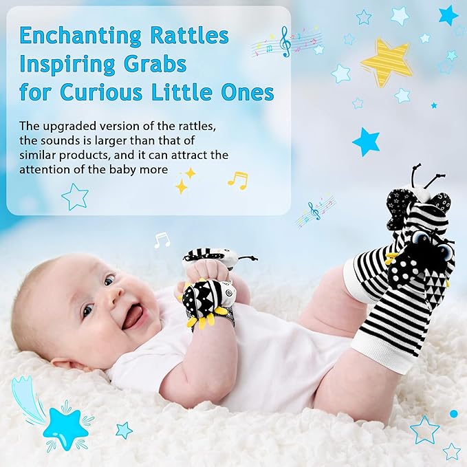 Baby Toys 0-6 Months - High Contrast Baby Toys for Newborn Toys 0-3 Months Brain Development Infant Toys Baby Rattles 6-12 Months Black and White Baby Rattle Socks & Wrist Toys Gifts for Boys Girls