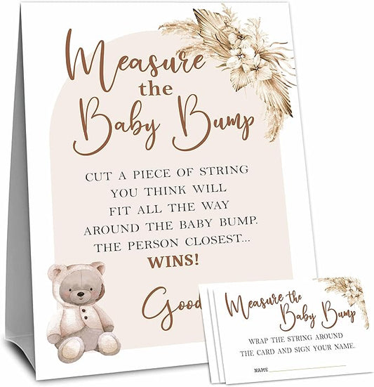 Baby Shower Measure The Baby Bump Game Set - Boho Bear Arch - 1 Self-Standing Sign And 50 Tickets - Gender Reveal, Baby Shower, Baby Announcement Activity & Party Favor Supplies - A03