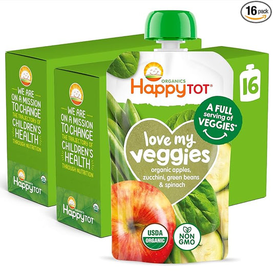 Happy Tot Organics Stage 4 Baby Food Pouches,Gluten Free, Vegan Snack, Love My Veggies, Fruit & Veggies Puree, Apples, Zucchini, Green Beans & Spinach 4.22 oz Pouch (Pack of 16)
