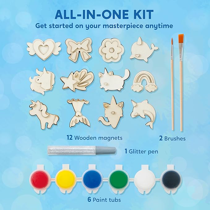 JOYIN 12 pcs Fantasy Wooden Magnets, Kids Unicorn Painting Craft, Spring and Rainy Day Activities School Art Projects, Toys for Kids Aged 3+ Birthday Easter