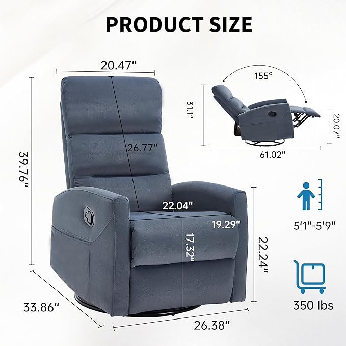 360° Swivel Rocking Chair for Nursery, Manual Glider Chair Nursing Chair with Side Pockets, Polyester Glider for Living Room, Heavy Duty Motion Mechanism, Blue Gray