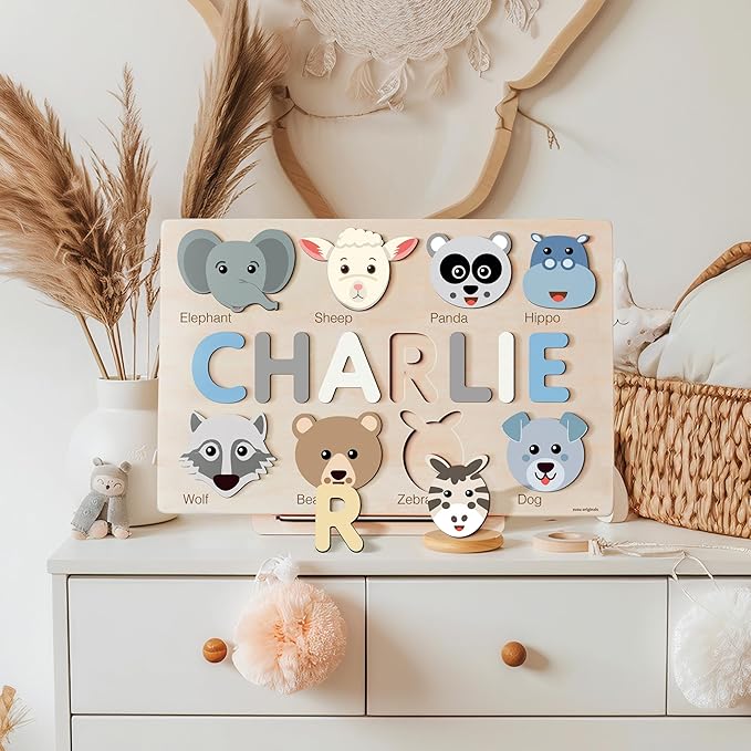 Baby Custom Name Puzzle with Animals, Custom Handmade Birthday Gift for Kids, for Toddlers, Special New Baby Gift, Wood Puzzle