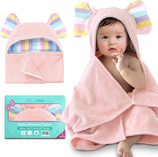 VOOVA & MOVAS Baby Hooded Bath Towel - 100% Cotton, 33x23.5 Inches,0-3Years,Super Absorbent Large Towel with Cute Elephant Ears Hood for Newborn, Baby, Toddler,Pink