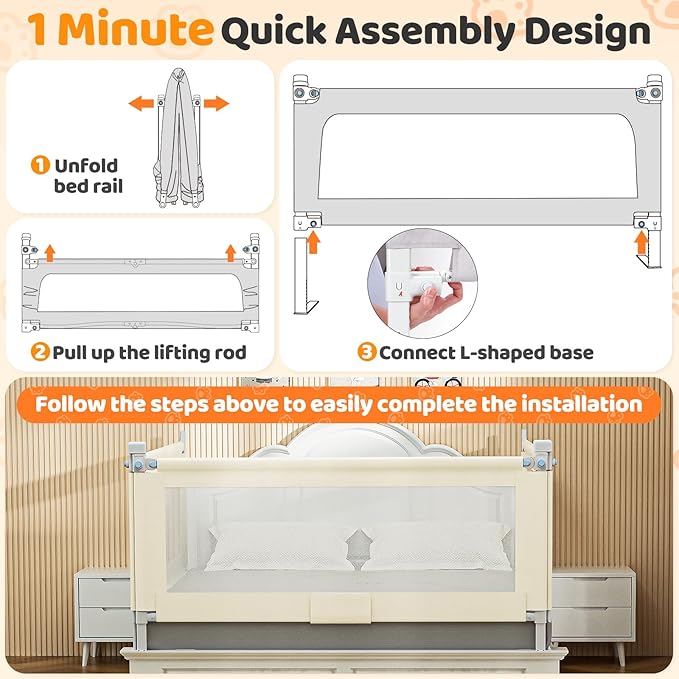 Bed Guard Rail for Toddlers - 74.8" Quick Assembly & Double Side Lift with Safety Child Lock - Adjustable Height Baby Bed Rails for Queen Full King Twin Crib Bunk Size Bed(Beige, 1 Pack)
