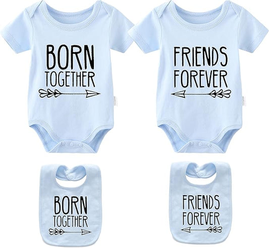 YSCULBUTOL Baby Twins Bodysuits Best Friends Forever Baby Clothes Set with Bibs Girl Outfit with hat