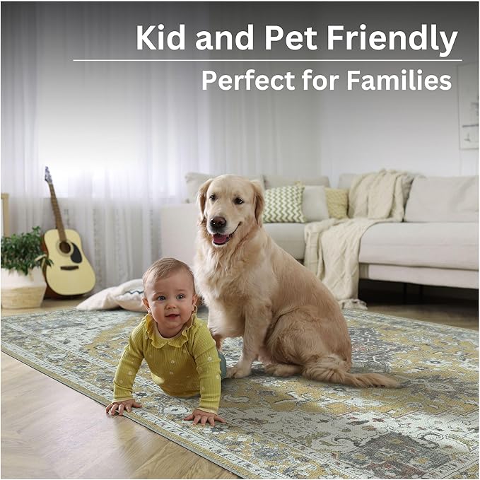 Bloom Rugs Washable Non-Slip 7 ft Runner - Yellow Traditional Medallion Runner for Entryway, Hallway, Bathroom, and Kitchen - Exact Size: 2.5' x 7'
